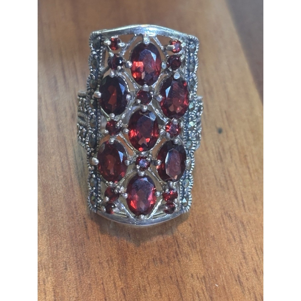 Sterling Silver Garnet And Marcasite Statement Ring Size 7